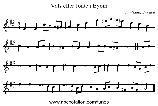 Vals efter Jonte i Byom - staff notation