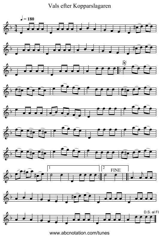 Vals efter Kopparslagaren - staff notation