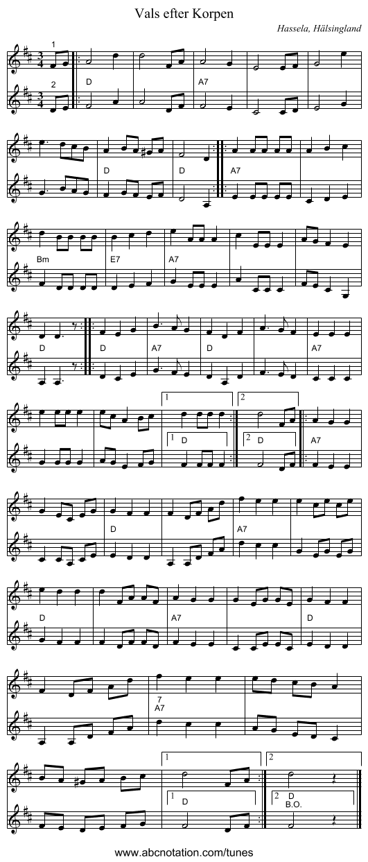 Vals efter Korpen - staff notation