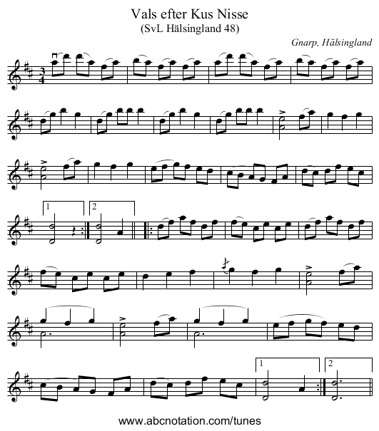Vals efter Kus Nisse - staff notation