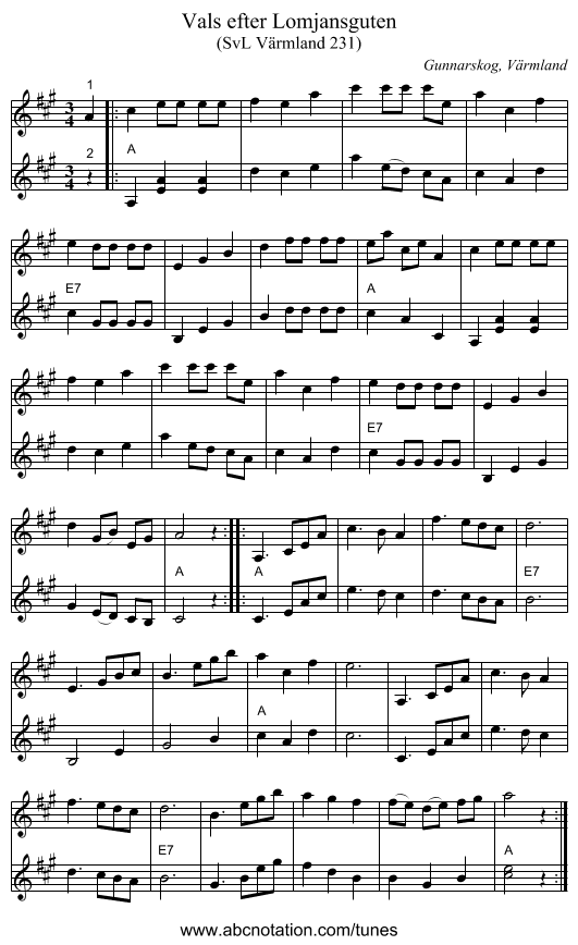 Vals efter Lomjansguten - staff notation