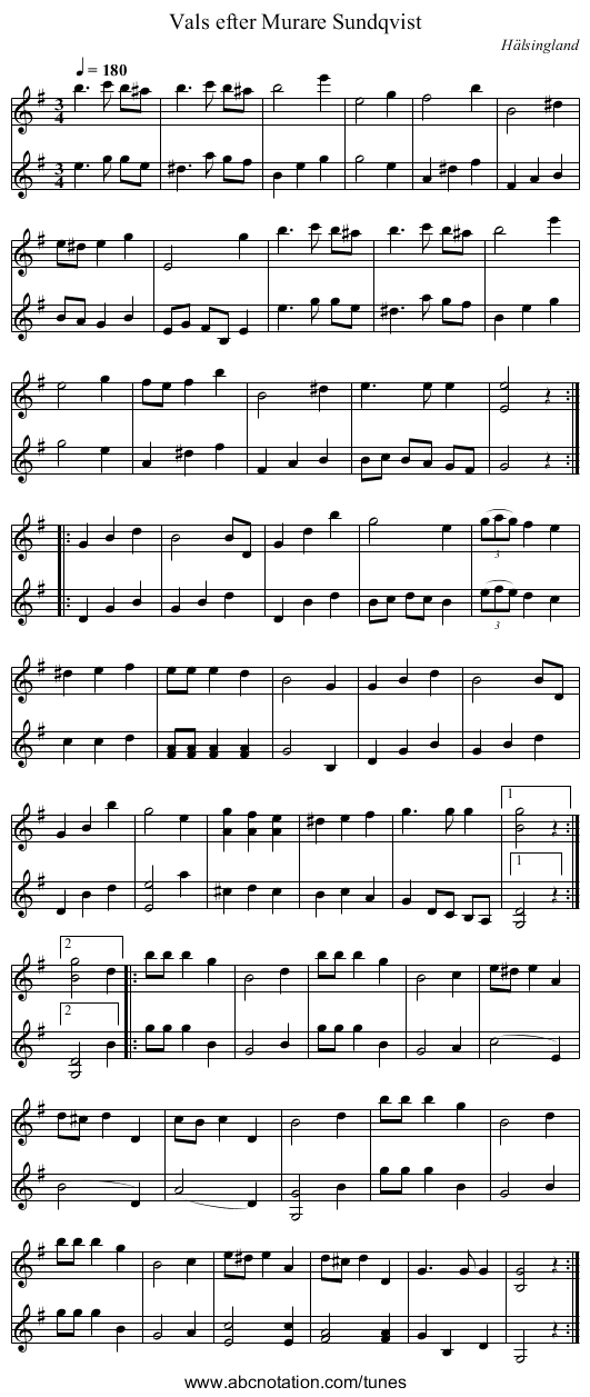 Vals efter Murare Sundqvist - staff notation