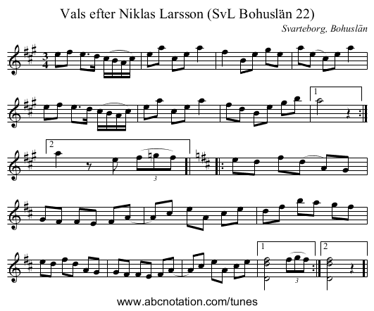 Vals efter Niklas Larsson (SvL Bohuslän 22) - staff notation