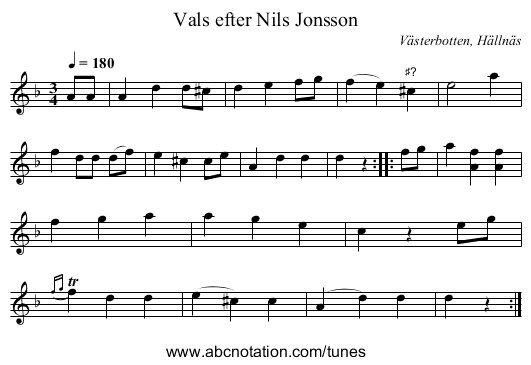 Vals efter Nils Jonsson - staff notation