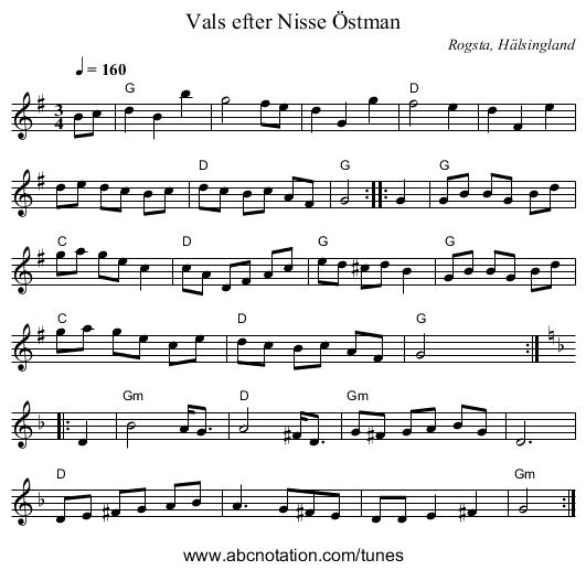 Vals efter Nisse Östman - staff notation