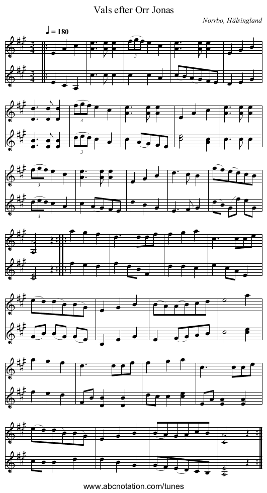 Vals efter Orr Jonas - staff notation
