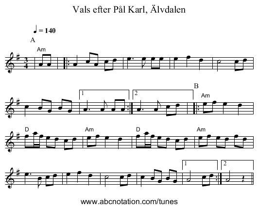 Vals efter Pål Karl, Älvdalen - staff notation