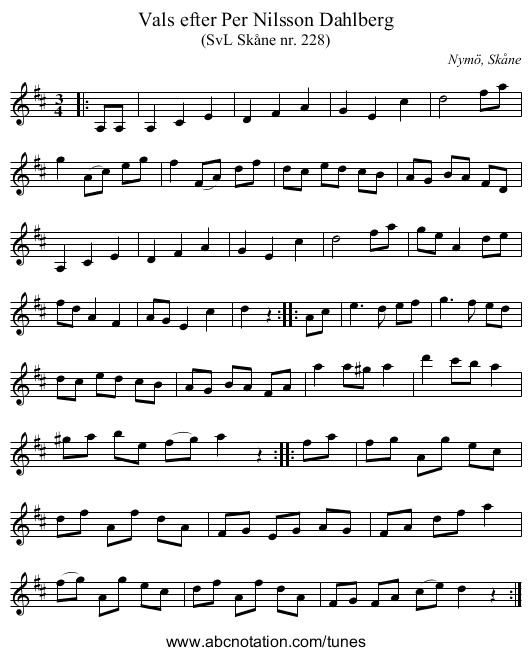 Vals efter Per Nilsson Dahlberg - staff notation