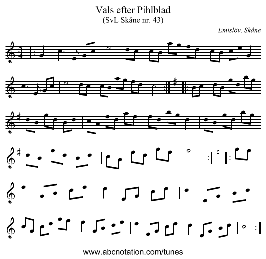 Vals efter Pihlblad - staff notation