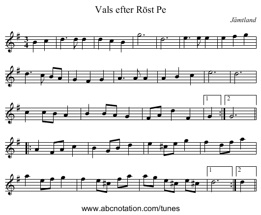 Vals efter R&ouml;st Pe - staff notation