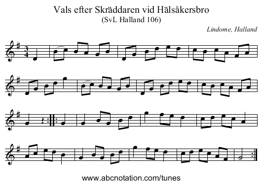 Vals efter Skräddaren vid Hälsåkersbro - staff notation