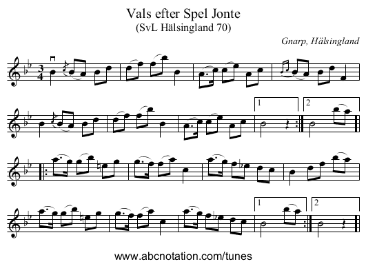Vals efter Spel Jonte - staff notation