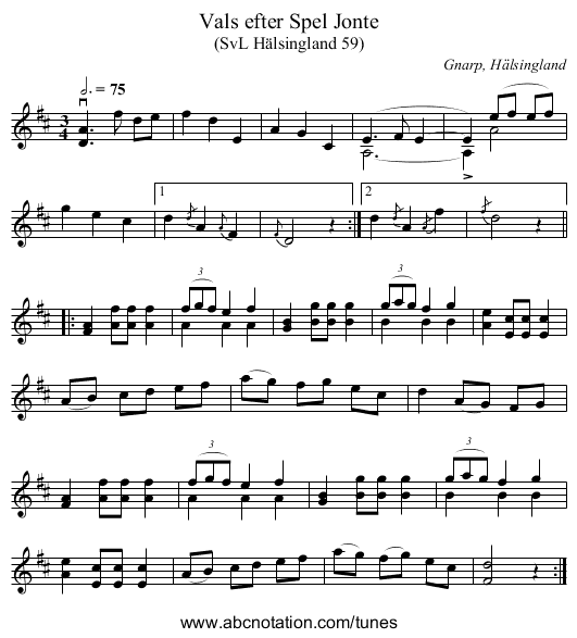 Vals efter Spel Jonte - staff notation