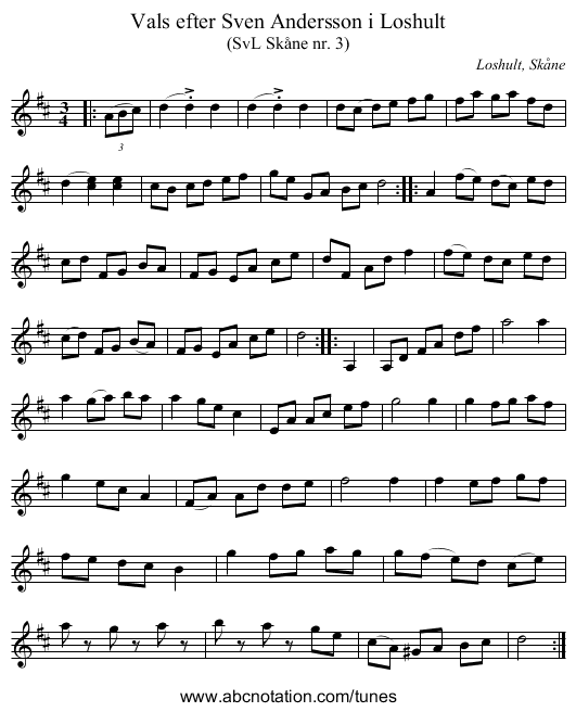 Vals efter Sven Andersson i Loshult - staff notation