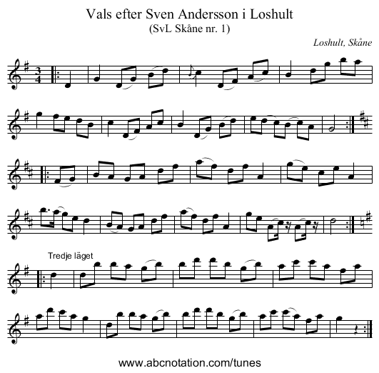 Vals efter Sven Andersson i Loshult - staff notation