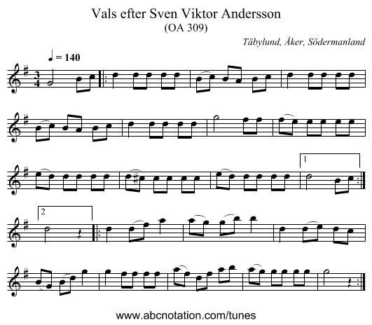 Vals efter Sven Viktor Andersson - staff notation