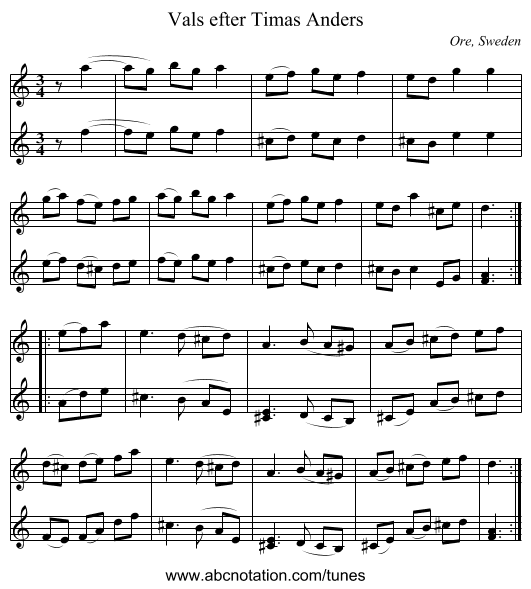 Vals efter Timas Anders - staff notation