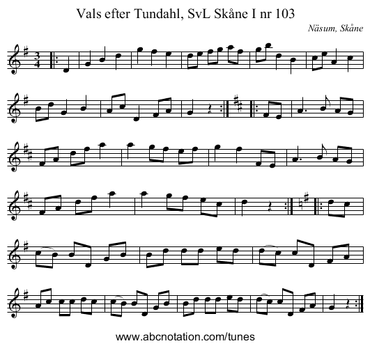 Vals efter Tundahl, SvL Skåne I nr 103 - staff notation