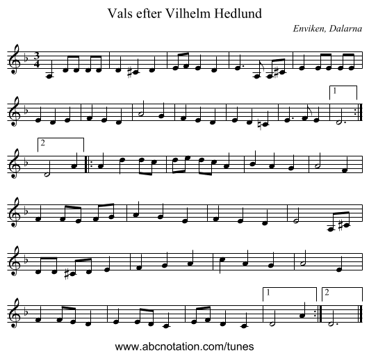 Vals efter Vilhelm Hedlund - staff notation