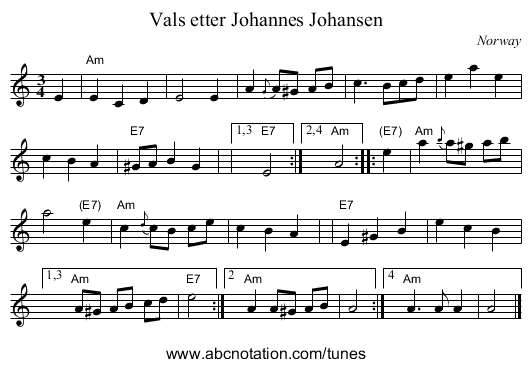 Vals etter Johannes Johansen - staff notation
