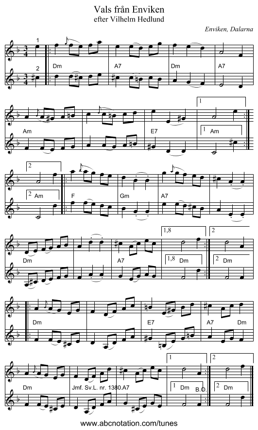 Vals från Enviken - staff notation