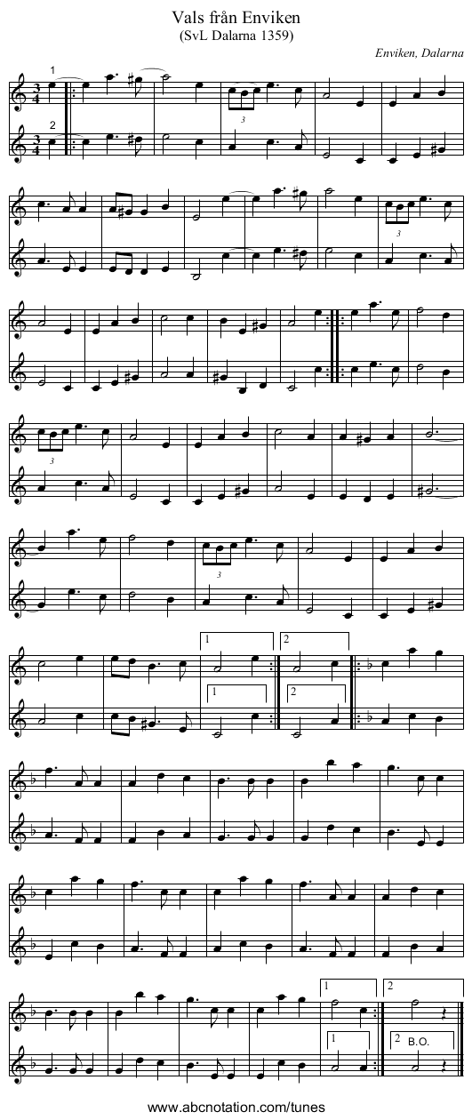 Vals från Enviken - staff notation