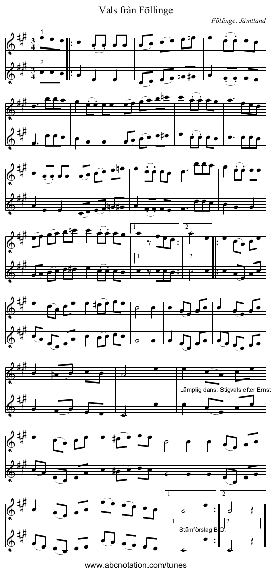 Vals från Föllinge - staff notation