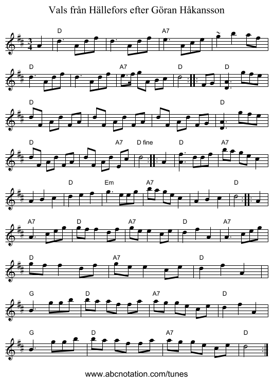 Vals fr&aring;n H&auml;llefors efter G&ouml;ran H&aring;kansson - staff notation