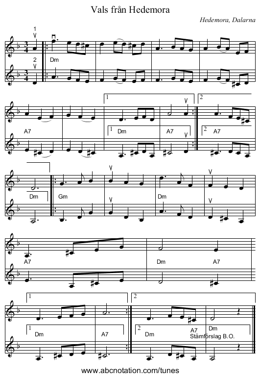 Vals från Hedemora - staff notation