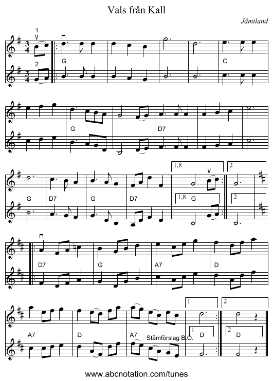 Vals från Kall - staff notation