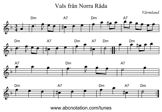 Vals fr&aring;n Norra R&aring;da - staff notation
