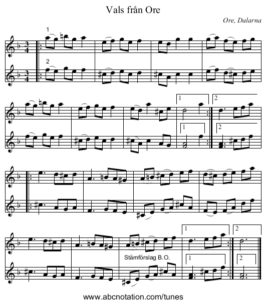 Vals från Ore - staff notation