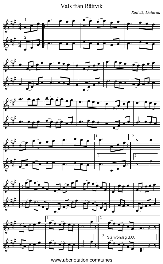 Vals från Rättvik - staff notation