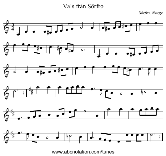 Vals från Sörfro - staff notation