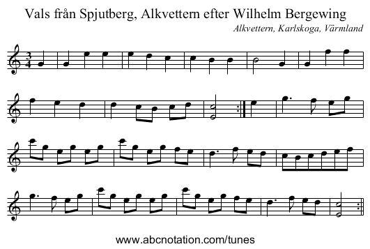 Vals från Spjutberg, Alkvettern efter Wilhelm Bergewing - staff notation