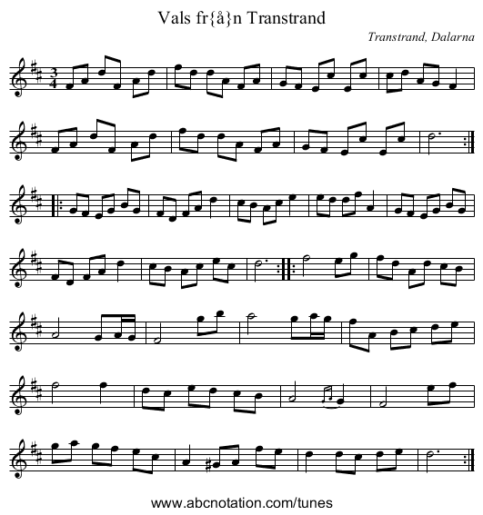 Vals fr&aring;n Transtrand - staff notation
