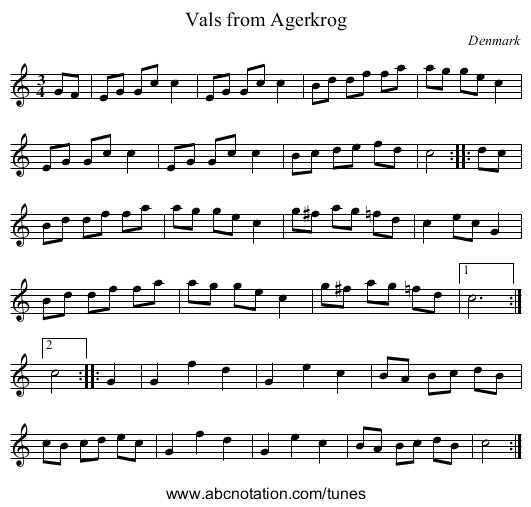 Vals from Agerkrog - staff notation