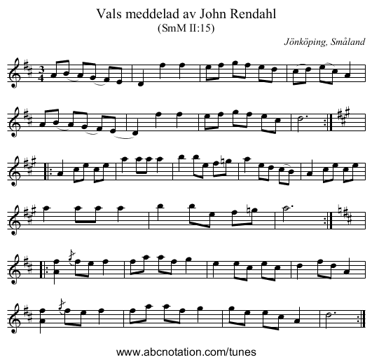 Vals meddelad av John Rendahl - staff notation