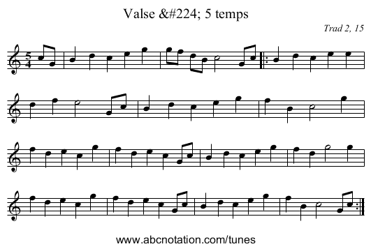Valse à 5 temps - staff notation