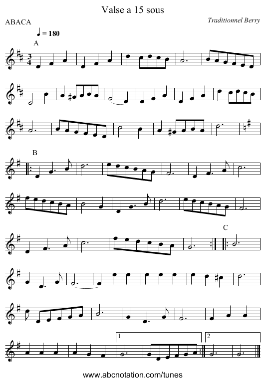 Valse a 15 sous - staff notation
