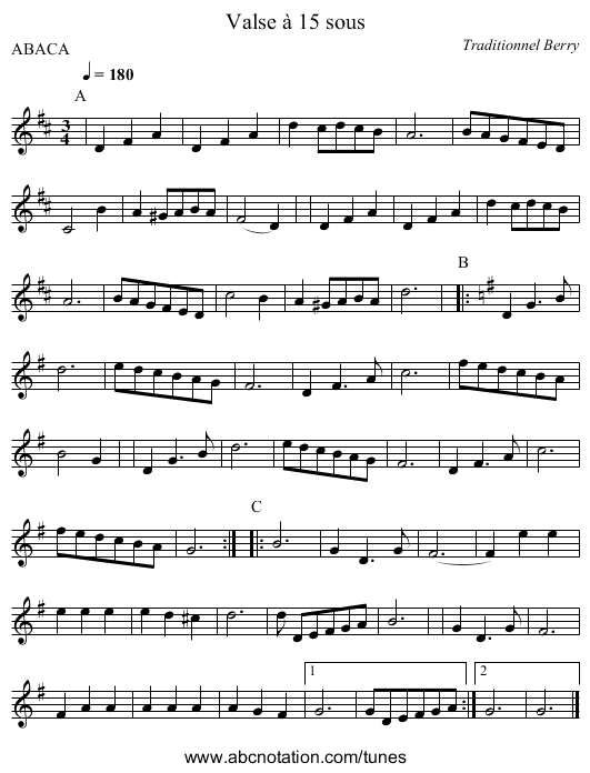 Valse &agrave; 15 sous - staff notation