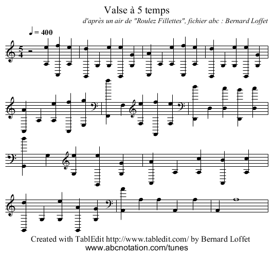 Valse à 5 temps - staff notation