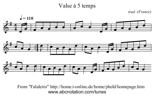 Valse à 5 temps - staff notation