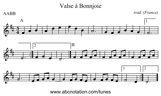 Valse &agrave; Bonnjoie - staff notation