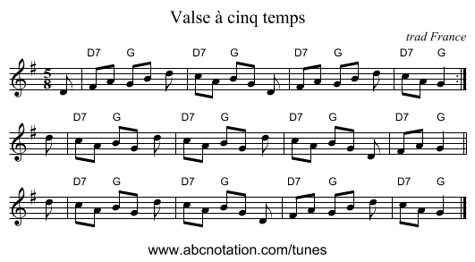 Valse à cinq temps - staff notation