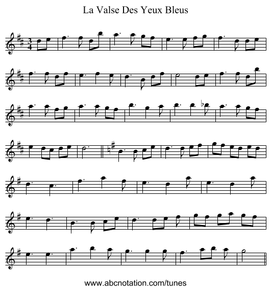 Valse Des Yeux Bleus, La - staff notation