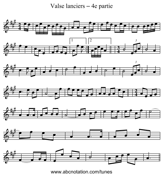 Valse lanciers – 4e partie - staff notation