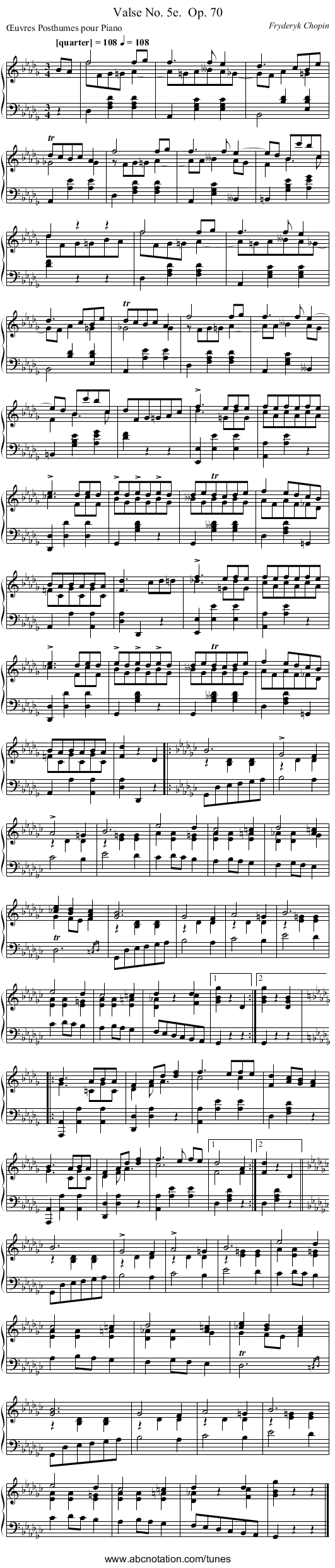 Valse No. 5e.	 Op. 70 - staff notation