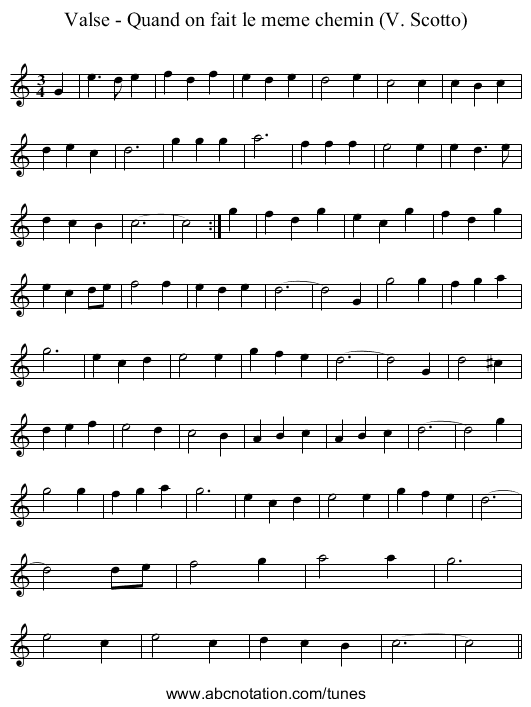 Valse - Quand on fait le meme chemin (V. Scotto) - staff notation