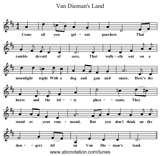 Van Dieman's Land - staff notation
